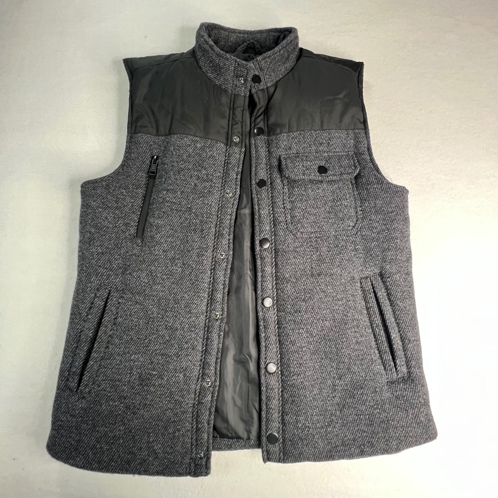BKE Mens Medium Wool Blend Herringbone Puffer Vest Grey Black MockNeck Full Snap